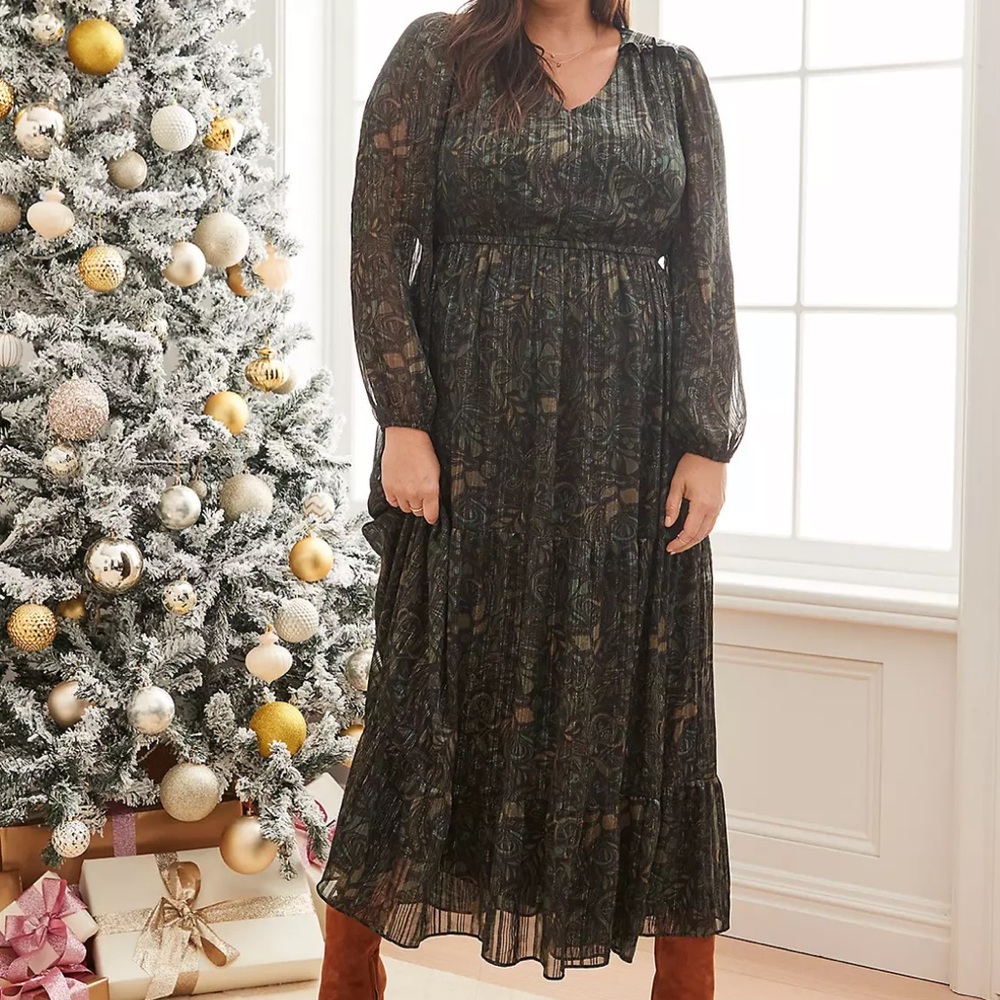 Lane Bryant Long sleeve tiered skirt v-neck green paisley maxi dress 18/20 #2
